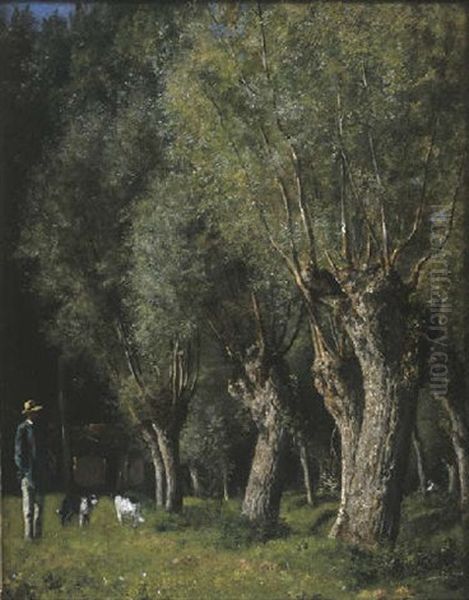 A Hunter And His Dogs Beside A Stream Lined With Willows Oil Painting by Charles-Jean-Louis Courtry