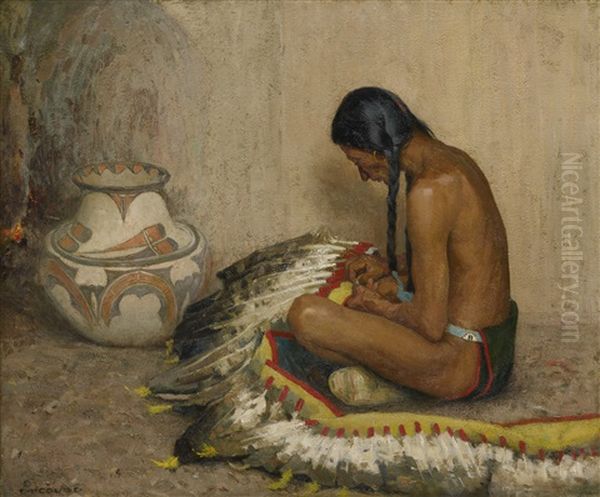 Mending The War Bonnet Oil Painting by Eanger Irving Couse