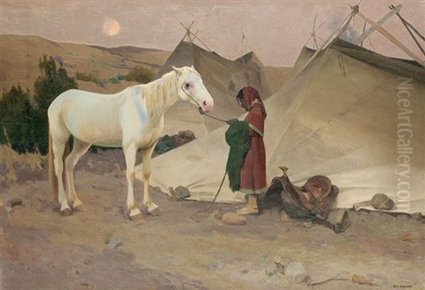 Saddling Up Aka Klikitat Girl With White Pony Oil Painting by Eanger Irving Couse