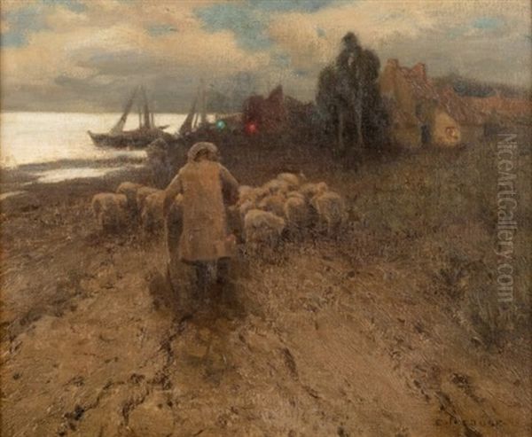 Shepherd With His Flock At Pas De Calais Oil Painting by Eanger Irving Couse