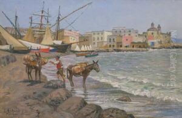 Eseltreiber Und Zwei Mit Fassern Beladene Tiere Am Strand Mit Einigen Segelbooten Vor Einer Italienischen Stadt Oil Painting by Eugen Ankelen