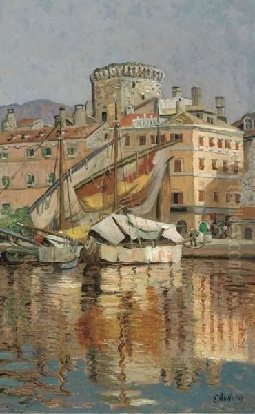 The Harbour At Spoleto by Eugen Ankelen