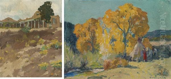 #2 Mexican House (artist's Taos Studio) And Taos Canyon Camp (pair) Oil Painting by Eanger Irving Couse