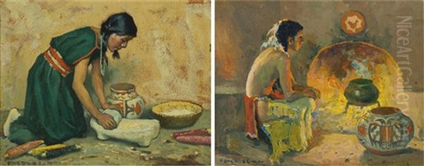 Pueblo Indian Girl And Firelight (pair) Oil Painting by Eanger Irving Couse