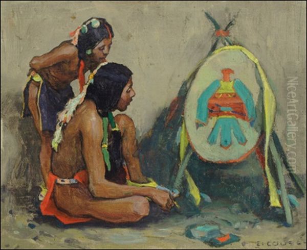 Two Indians And War Shield Oil Painting by Eanger Irving Couse