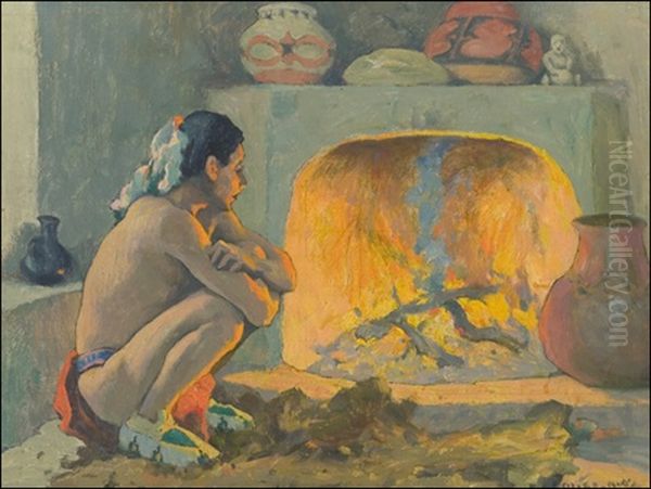 Taos Pueblo Fireplace Oil Painting by Eanger Irving Couse