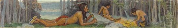 Study For Flute Player With His Sons - Indian Campfire Oil Painting by Eanger Irving Couse