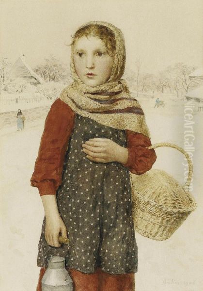 Madchen In Winterlandschaft Oil Painting by Albert Anker