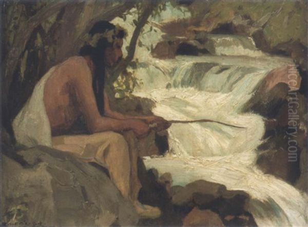 Indian Fishing By A Stream Oil Painting by Eanger Irving Couse