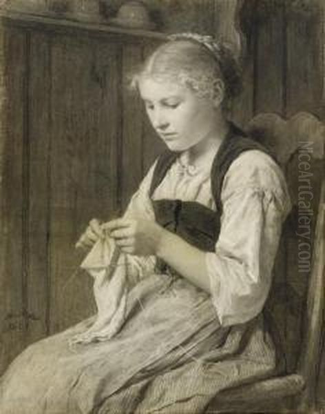 A Girl Knitting Oil Painting by Albert Anker