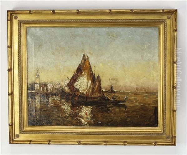 Sailboats Along The Water In Venice At Sunset, The Campanile Of The Piazza San Marco In The Distance Oil Painting by Charles Cousin