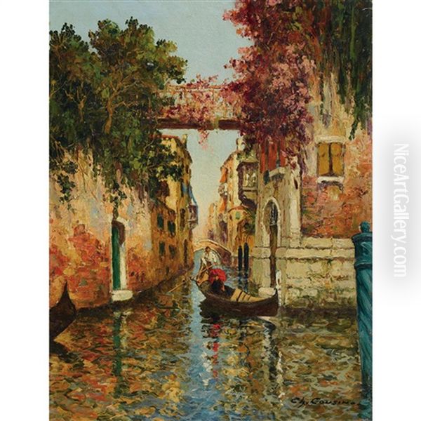 Venezianische Kanalpartie Mit Gondel Oil Painting by Charles Cousin