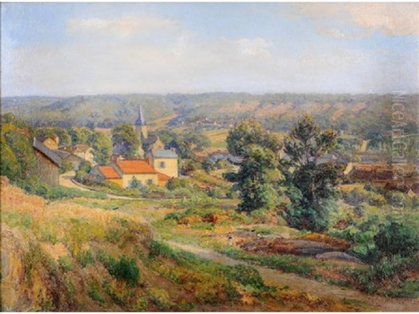 French Landscape, Summer, With A Village And Church Spire In The Foreground Oil Painting by Charles Jean Coussebiere