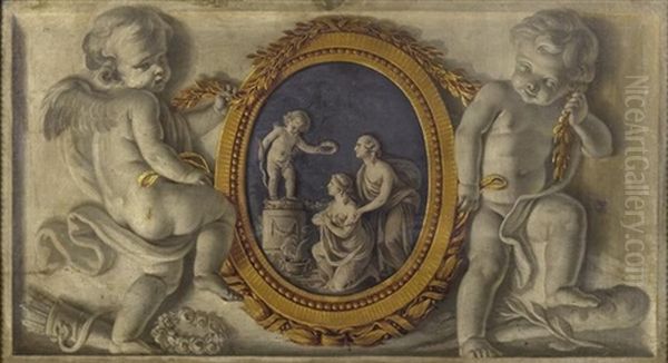 Trompe L'oil Avec Un Bas-relief Representant Deux Putti Et Une Offrande A L'amour Dans Un Medaillon Oil Painting by Jean Coustou