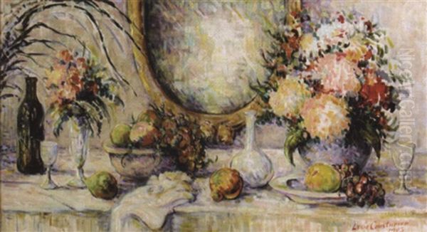 Fleurs Et Fruits Sur La Nappe Blanche Oil Painting by Lucie Cousturier