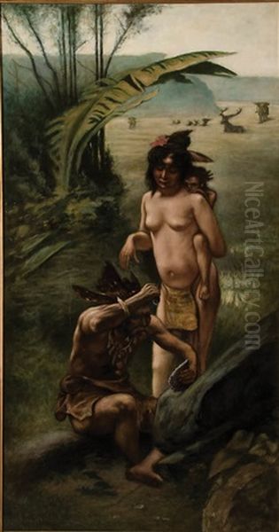 Fashioning A Weapon (+ Smelting Ore; Pair) Oil Painting by Leon Marie Coutil