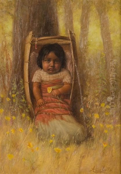 Native American Child In A Papoose Holding A California Poppy Oil Painting by Alice Coutts