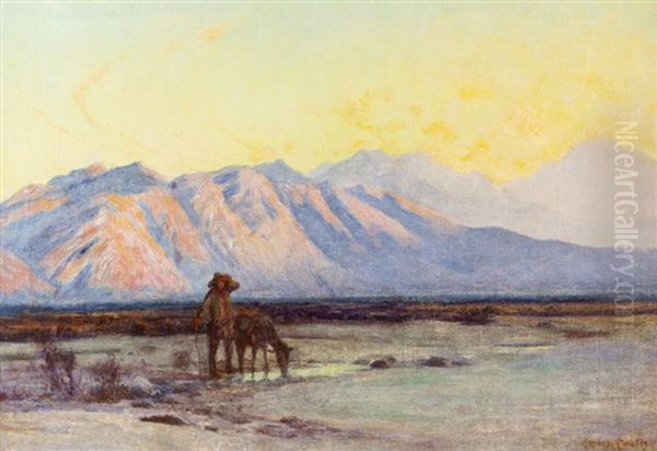 Figure And Packhorse With Distant Mountain Range by Gordon Coutts