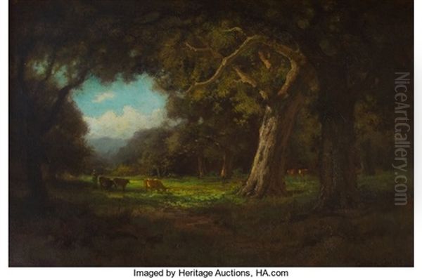 Cattle Grazing In A Sunlit Clearing Oil Painting by Gordon Coutts