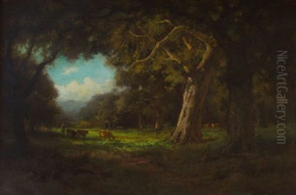 Cattle Grazing In A Sunlit Clearing Oil Painting by Gordon Coutts