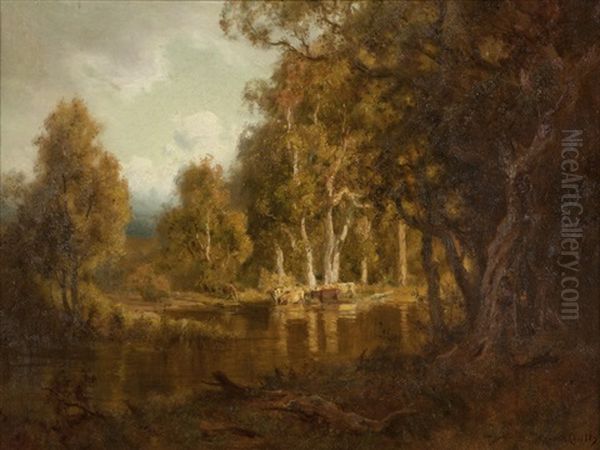 Cattle Watering Near A Woodland Pond Oil Painting by Gordon Coutts