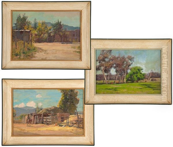 Country Landscape With Cows; Road Through An Adobe Landscape; Figure On A Mule In A Farm Landscape (3 Works) Oil Painting by Gordon Coutts