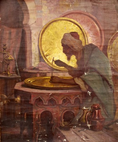 A Middle Eastern Craftsman Working On Brass (+ 3 Others, Smllr; 4 Works) Oil Painting by Gordon Coutts