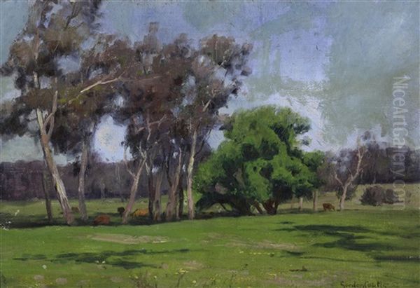 Cows Grazing Under Eucalyptus And Oaksm Adobe Home And Garden And Southwest Farm (3 Works) Oil Painting by Gordon Coutts