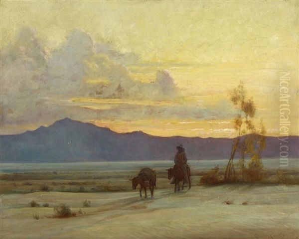 Cowboy With Two Mules Riding Across The Desert Oil Painting by Gordon Coutts