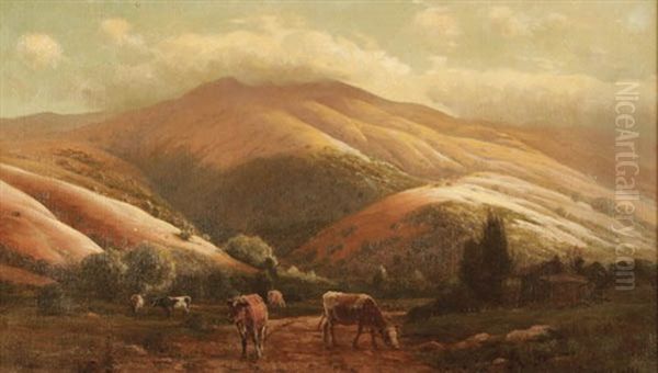 California Foothills With Cabin And Grazing Cattle Oil Painting by Gordon Coutts