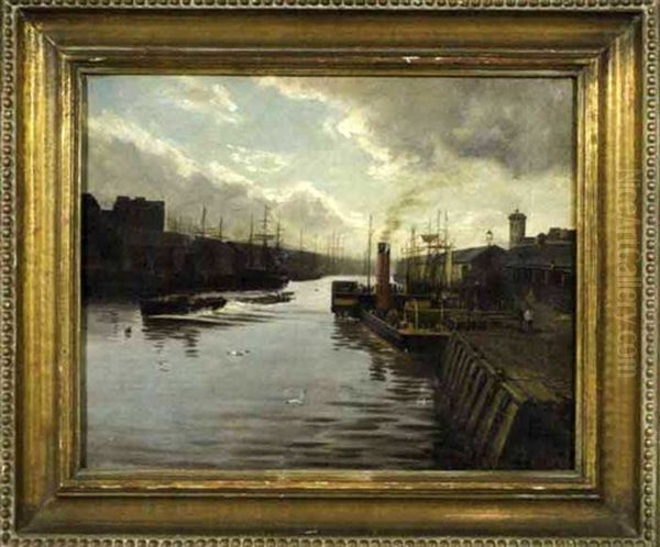 Thames River Scene With Ships, Barges And Warehouses Oil Painting by Gordon Coutts