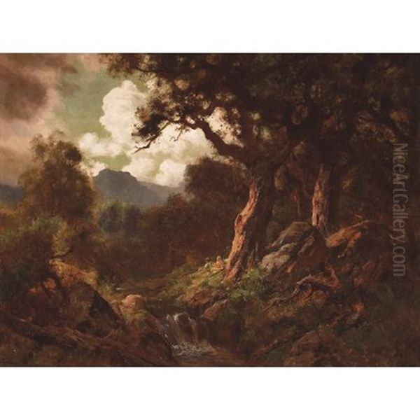 Figures Under A Sheltering Tree By A Waterfall Oil Painting by Gordon Coutts