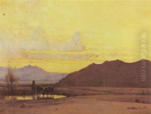 A Desert Landscape At Dusk With Prospector And Burros At A Watering Hole Oil Painting by Gordon Coutts