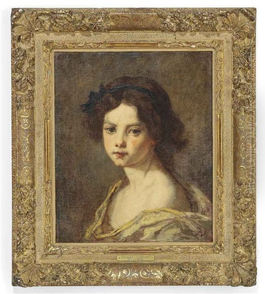 Portrait Of A Girl, Head And Shoulders, Ribbon In Her Hair With A Yellow Warp Around Her Shoulders Oil Painting by Thomas Couture