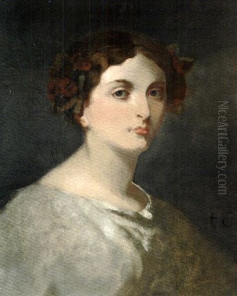 Portrait De Jeune Femme A La Couronne De Fleurs Oil Painting by Thomas Couture