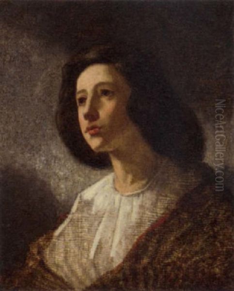 Portrait Of A Young Girl In A White Night Shirt And Shawl Oil Painting by Thomas Couture