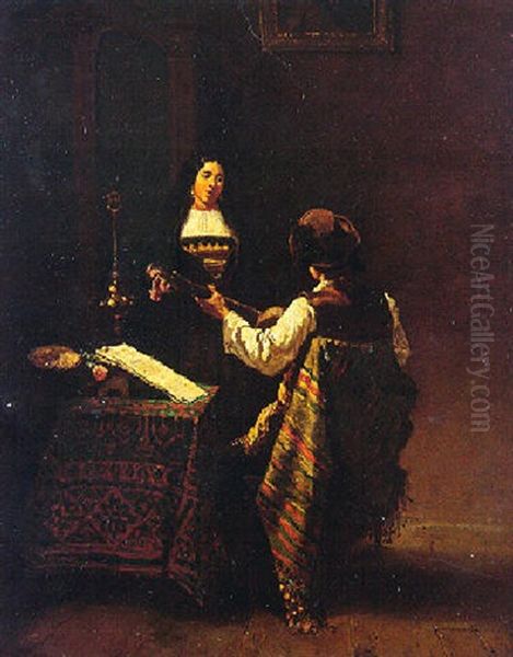 Joueur De Guitare Et Chanteuse Oil Painting by Thomas Couture