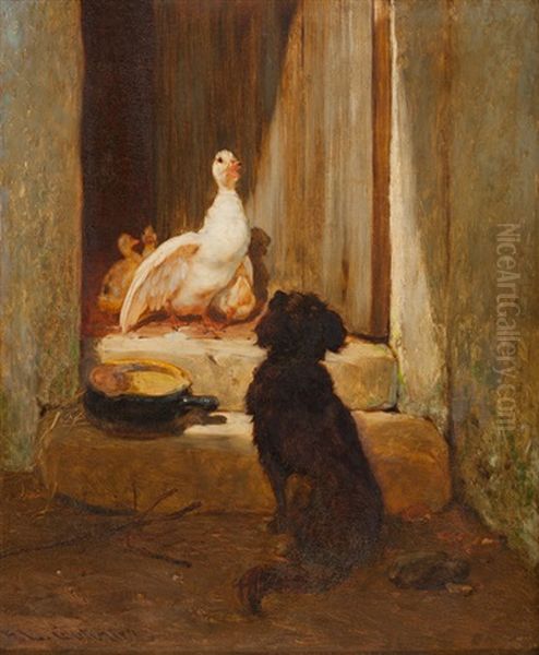 Hund, Eine Gansefamilie Beobachtend Oil Painting by Leon-Antoine-Lucien Couturier