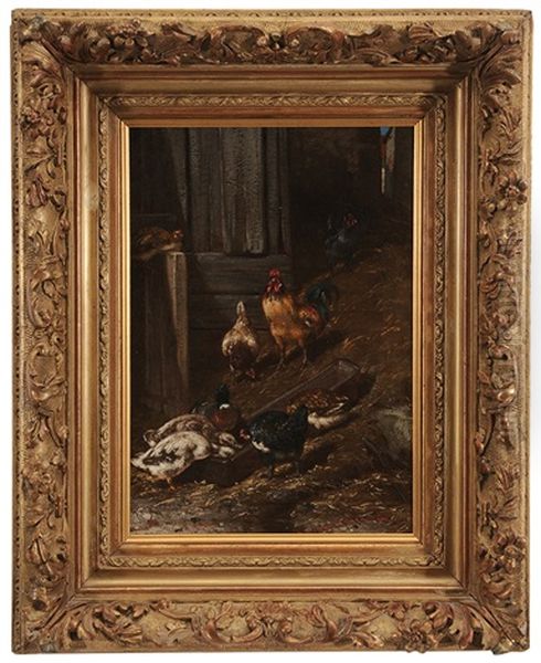 Chickens And Ducks Feeding At A Trough Oil Painting by Philibert-Leon Couturier