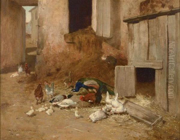 Scene De Basse Cour Avec Paon Et Canard Oil Painting by Philibert-Leon Couturier