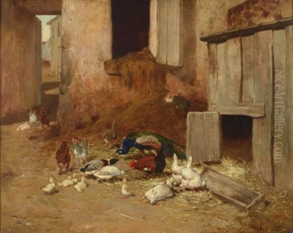 Scene De Basse Cour Avec Paon Et Canard Oil Painting by Philibert-Leon Couturier