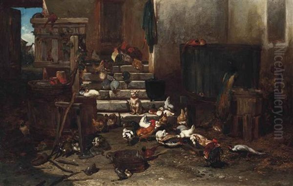 A Dog And Poultry On The Farm Steps Oil Painting by Philibert-Leon Couturier