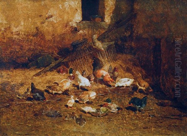 Chicken And Ducks In The Hay Oil Painting by Philibert-Leon Couturier