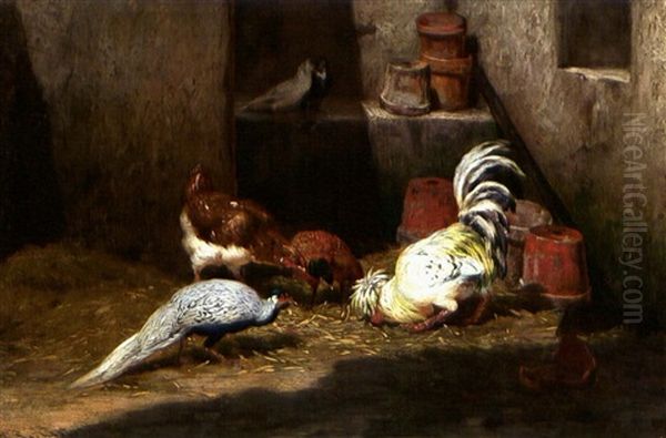 Gockel Und Pfau Picken Getreide, Dahinter Zwei Tauben Oil Painting by Philibert-Leon Couturier