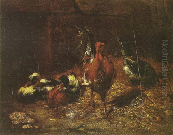 A Cock, Chickens And Ducks In A Stable Interior Oil Painting by Philibert-Leon Couturier