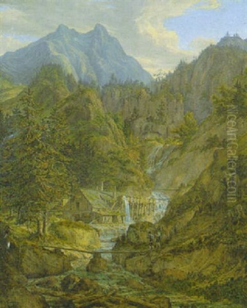 Alte Muhle Am Gebirgsbach Vor Dem Watzmannmassiv Oil Painting by Ferdinand Wilhem von Couven