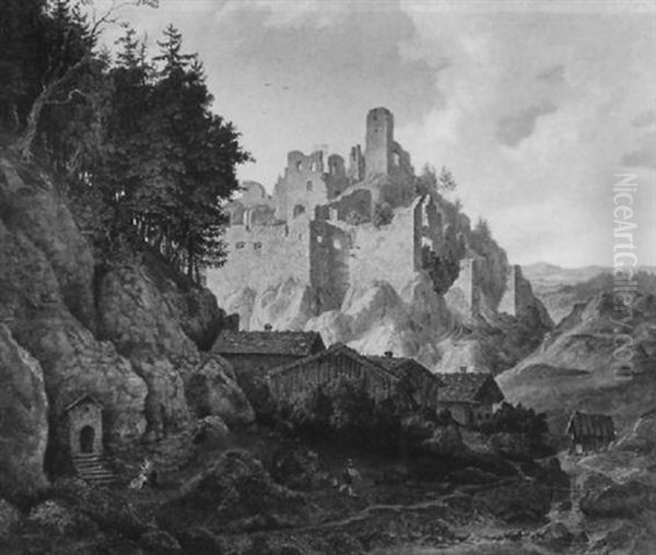 Gebirgstal Mit Fluslauf Vor Einer Burgruine Oil Painting by Ferdinand Wilhem von Couven