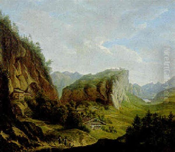 Figures In An Alpine Landscape Oil Painting by Ferdinand Wilhem von Couven