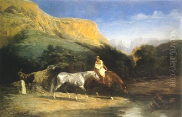 Chevaux Arabes A La Riviere Oil Painting by Alfred Couverchel