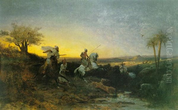 Wild Boar Hunt On The Plains Of Oudja, Morocco Oil Painting by Alfred Couverchel